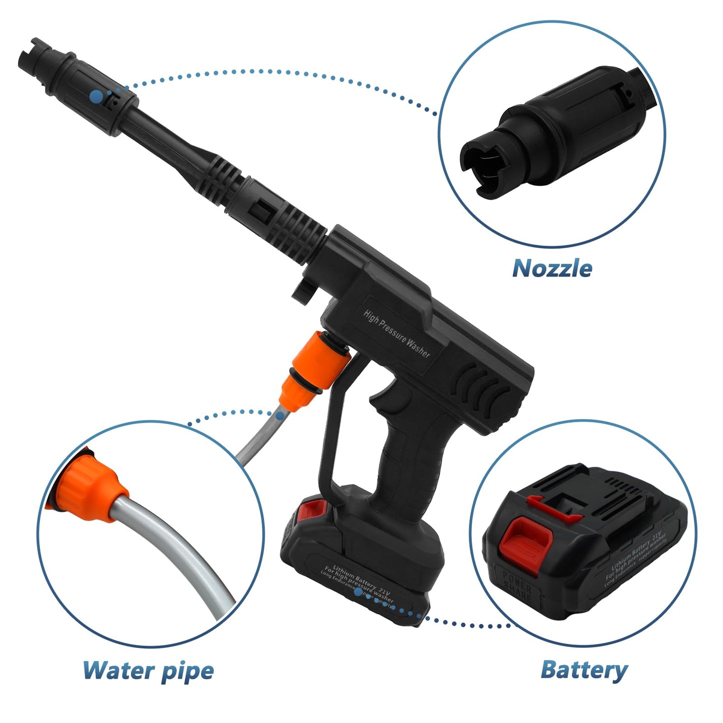 DERASL Cordless Pressure Washer, Adjustable Spray Nozzle Portable Power Washer 652 PSI, Battery Powered Pressure Washer with 5M Hose, 2x1.5 Ah Battery, Cordless Power Washer for Car/Garden/Floor