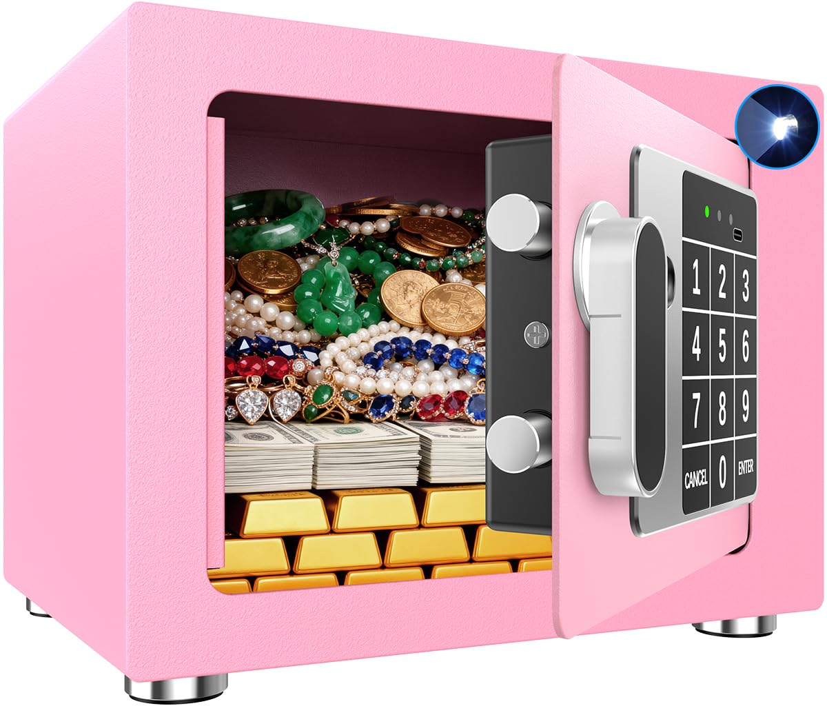 Small Home Safe, 6.7”D x 9”W x 6.7”H, Electronic Keypad Lock Security Box for Cash, Jewelry, Passport, Hidden Safe for Closet, College Dorm Room, Pink