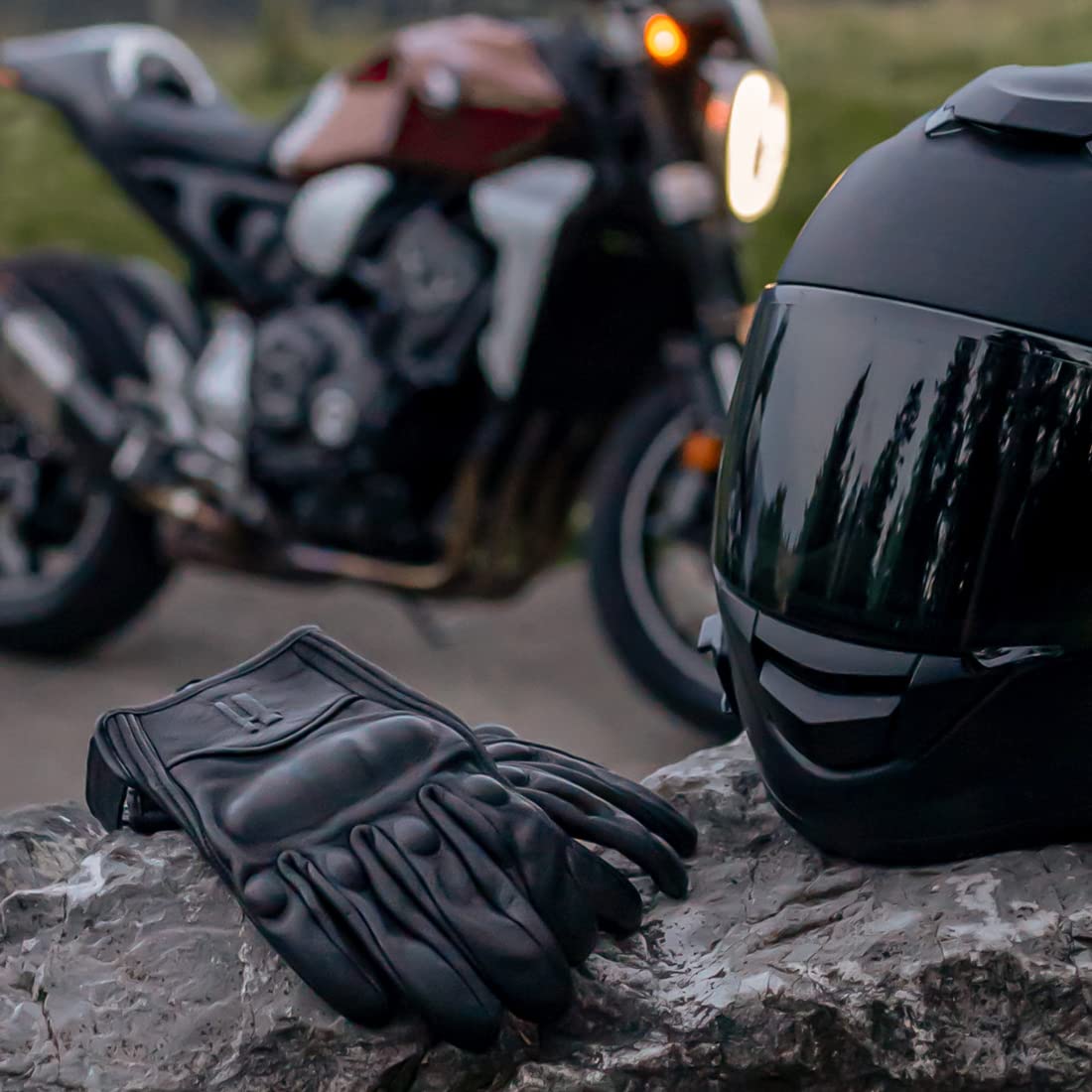Harssidanzar Mens Full Finger Goatskin Leather Touchscreen Motorcycle Gloves GM028A,Black,Size L