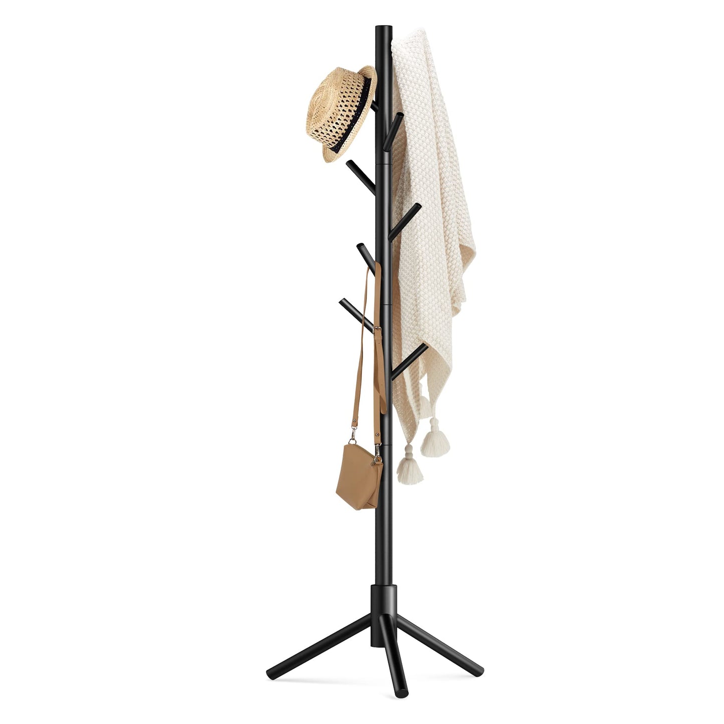 Haddockway Wooden Coat Rack Stand with 8 Hooks New Zealand Pine Adjustable Coat Standing Tree Easy Assembly for Coats, Hats, Scarves and Handbags for Entryway, Hallway, Bedroom, Office (Black)