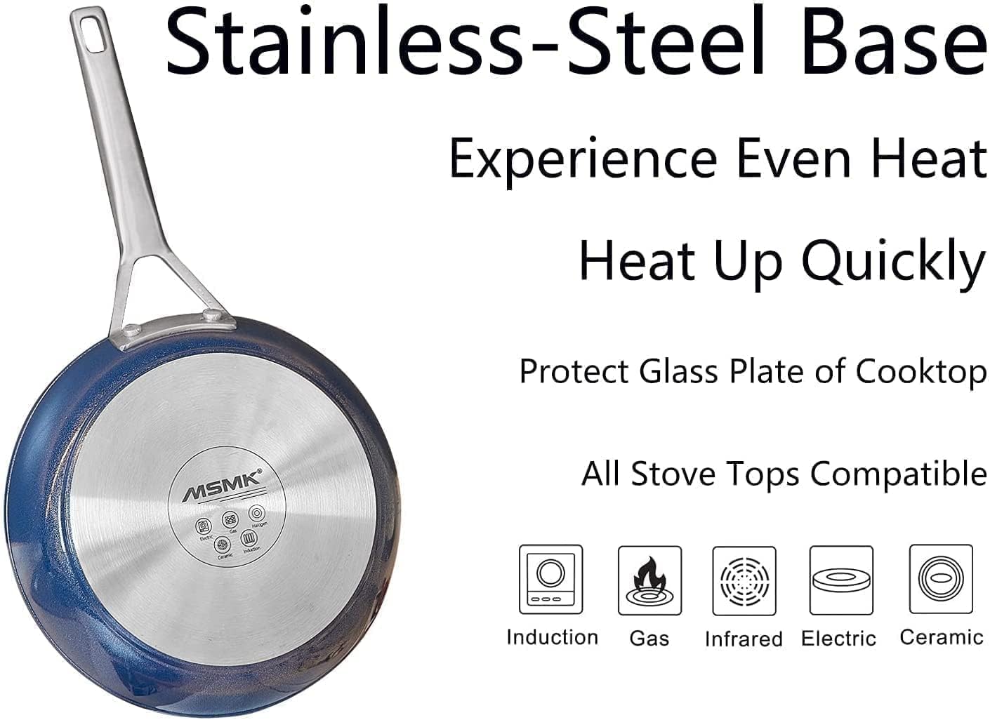 MsMk Non Stick Frying pan Set with lid Blue, 12-inch Durable Skillet, Titanium and Diamond Non Stick Non-Toxic Coating from USA, Even Heating, Easy Clean-Up, Comfort Handle, Induction Compatibility
