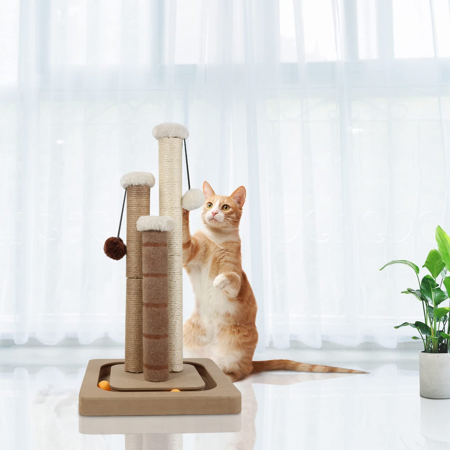 AUSCAT Cat Scratching Post with 3 Scratching Poles, Vertical Sisal Cat Scratcher with Dangling Balls & Track Balls, Scratching Post for Indoor Cats and Kittens