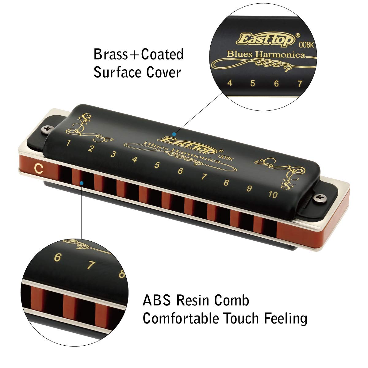 East top Harmonica C, Blues Harmonica Key of C 10 Hole 20 Tone Blues Mouth Organ Diatonic Harmonica Adult Musical Instrument for Professional Player, Beginner, Students (Black)