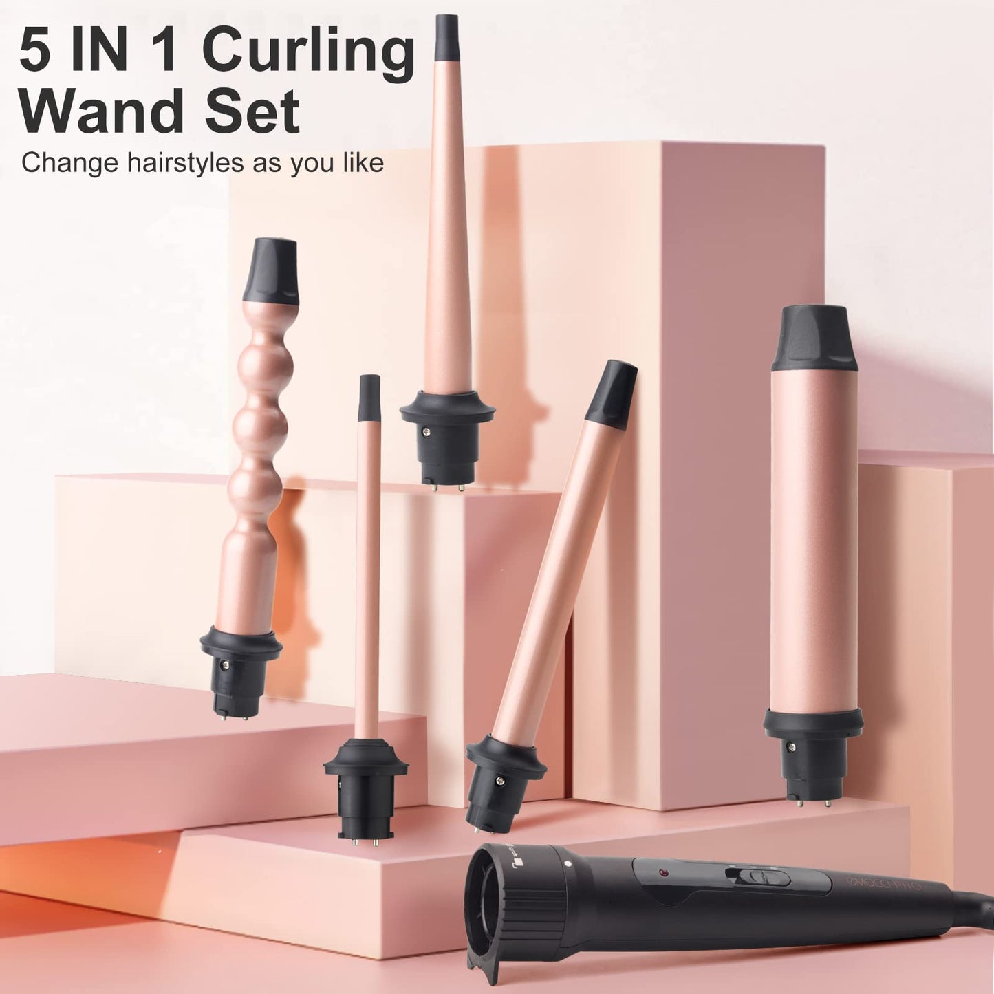 5 in 1 Curling Wand Iron Set - EMOCCI PRO Instant Heat Long lasting Hair Waver Iron Straightener and Curler 2 in 1 with 5 Interchangeable Ceramic Tourmaline Barrels for All Curly and Wavy Hairstyle