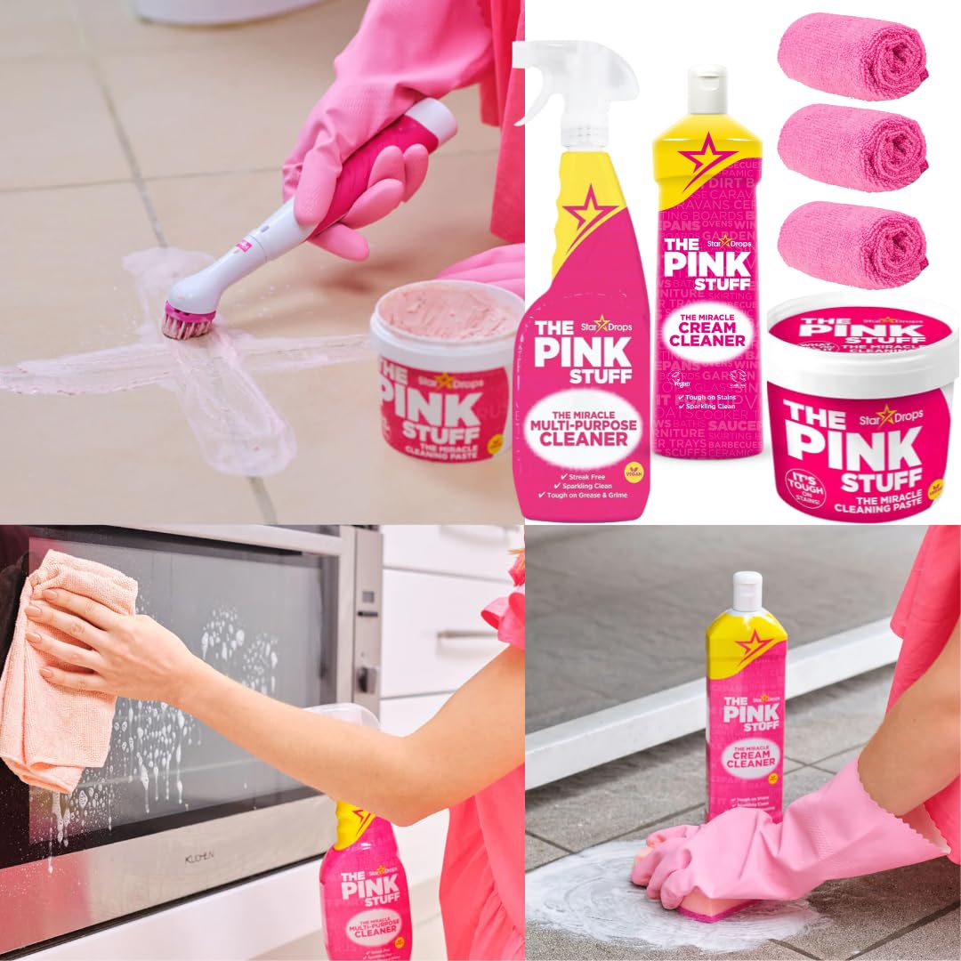 6-Pack BUNDLE | The Pink Stuff All Purpose Multi-Purpose Spray 750ml, Miracle Cleaning Paste 500g, Miracle Cream Cleaner 500ml, Comes With 3 Microfibre Cloths