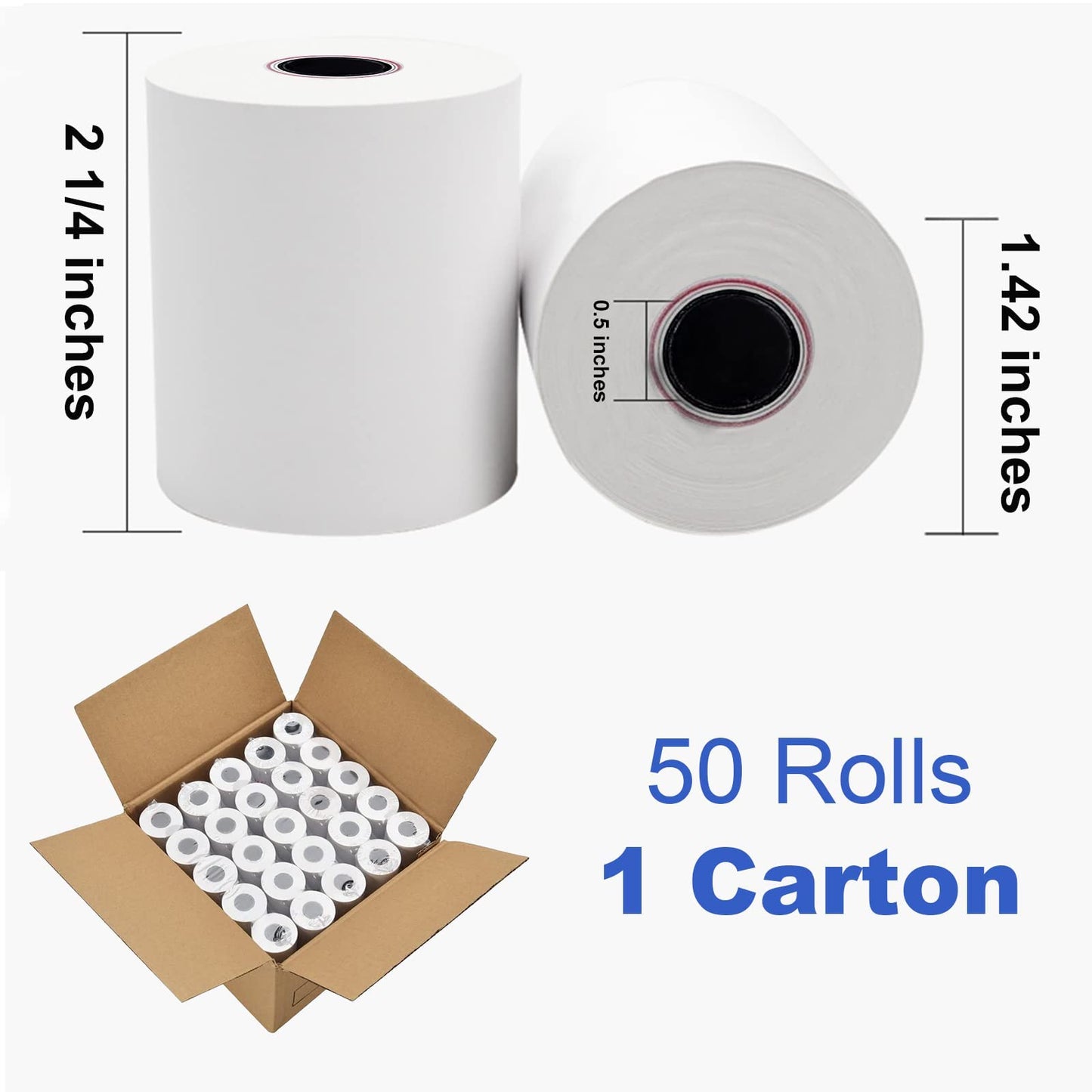 Tapsin 2-1/4'' X 50' Thermal Receipt Paper - Credit Card Paper Rolls Thermal - Cash Register Roll - Premium Thermal Printer Paper - 50 Rolls