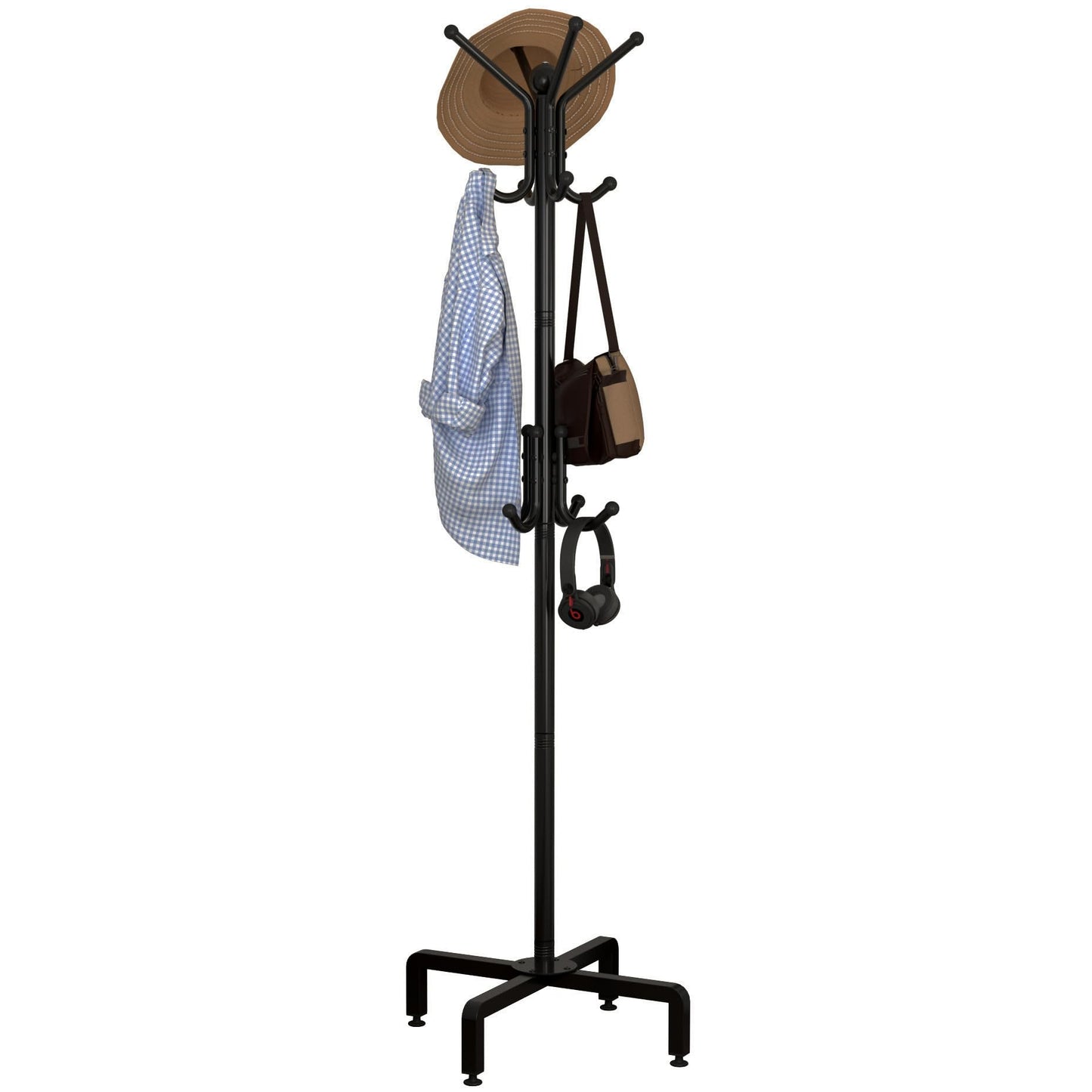 PSHUN RIGH Coat Rack with 12 Hooks, Freestanding Coat Rack Stand for Entryway, Hallway, Bedroom, and Office, Metal Coat Tree & Hat Rack for Coats, Hats, and Bags,Black (Black)