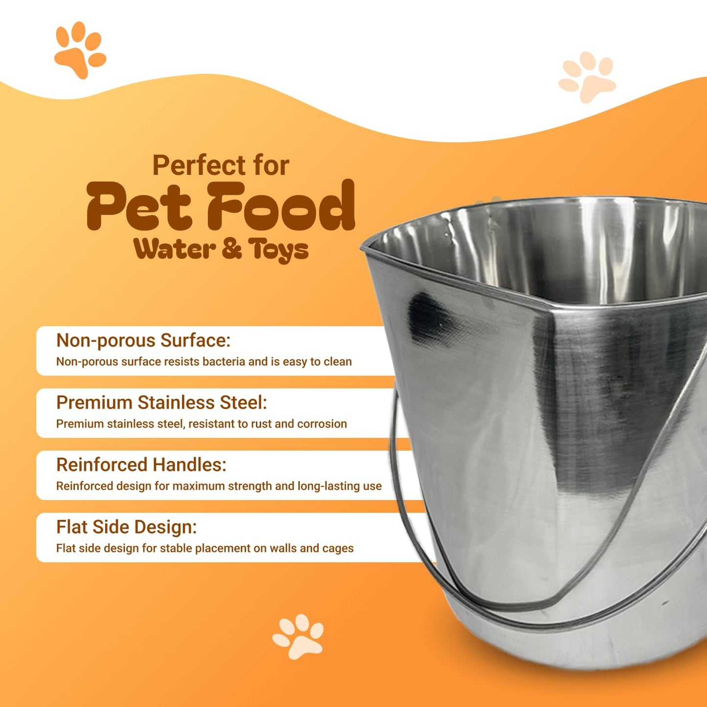 Advance PET Products 6 Quart Heavy Duty Stainless Steel Flat Side Bucket | Durable Food & Water Pail for Dogs, Cats, Kennels, Cages and Critter Crates | Multi-Purpose Bucket