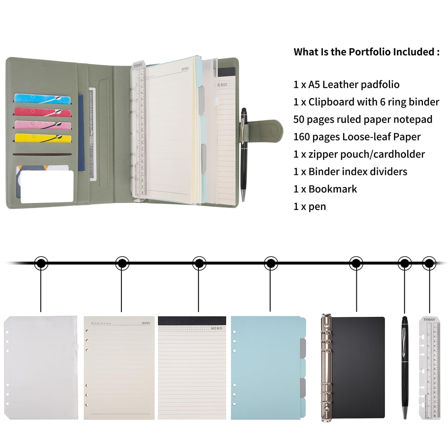WASON A5 Leather PU Journal Notebook Refillable Paper, Removable Portfolio Ring Binder with Clipboard Writing Notepad and Pen for Travel Business School Organizer (Green)