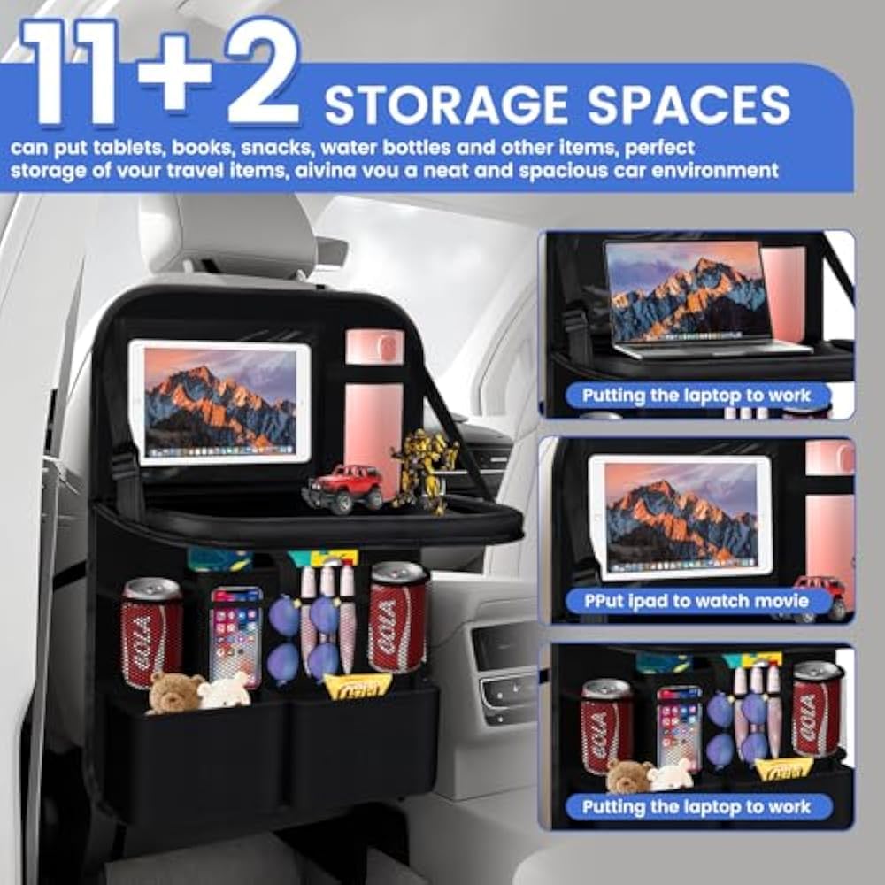 2 Pack Car Back Seat Organizer with Tablet Holder, Multi-Storage Pockets, Foldable Table Board, Black Travel Accessory for Electronics, Toys, Drinks