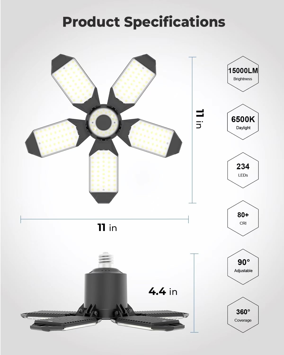 LED Garage Lights Bulb 2 Pack, 150W 15000LM Shop Lights with 5 Deformable Panels, 6500K Daylight Ceiling Lights for Garage Workshop Basement