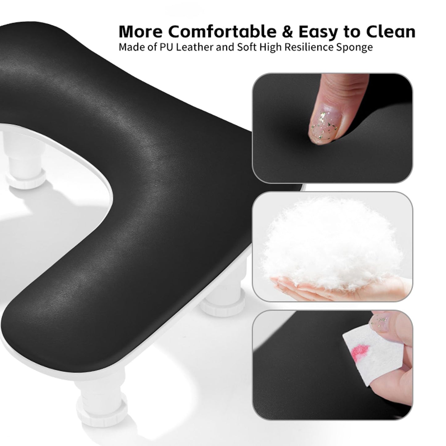 New Upgrade Height Adjustable Nail Arm Rest for Nails Tech - Ergonomic Slope Angle Hand Rest for Nails Tech Height Adjustable U-shaped Manicure Nail Arm Rest Stand White Big Armrest Microfiber PU Leather Hand Rest Pillow for Acrylic Nail Art Cushion (Blac