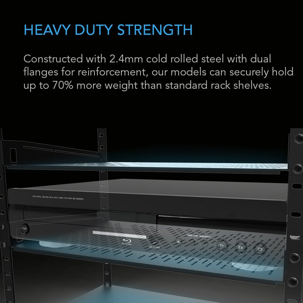 AC Infinity Vented Cantilever 1U Universal Rack Shelf, 6" Deep, for 19” equipment racks. Heavy-Duty 2.4mm Cold Rolled Steel, 40lbs Capacity