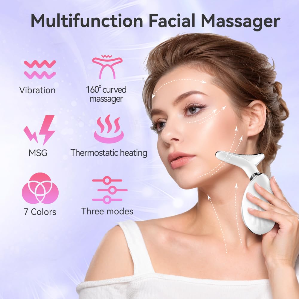 7-in-1 Face Massager, Facial Massager for Face and Neck with 3 Modes, Facial Skin Care Tool with Vibration and Thermal (White)