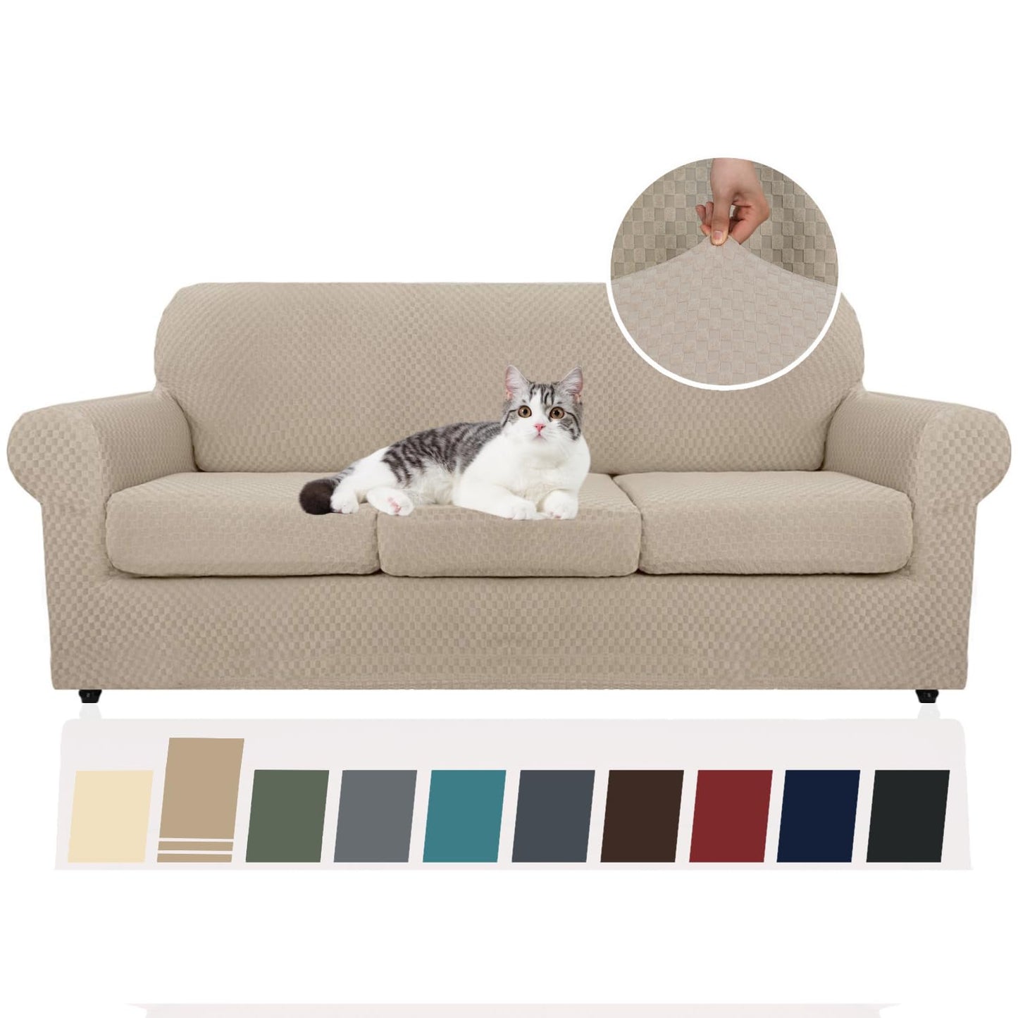 YEMYHOM Latest Checkered 4 Pieces Couch Covers for 3 Cushion Couch High Stretch Thickened Sofa Cover for Dogs Pets Anti Slip Elastic Slipcovers Living Room Furniture Protector (Sofa, Khaki)