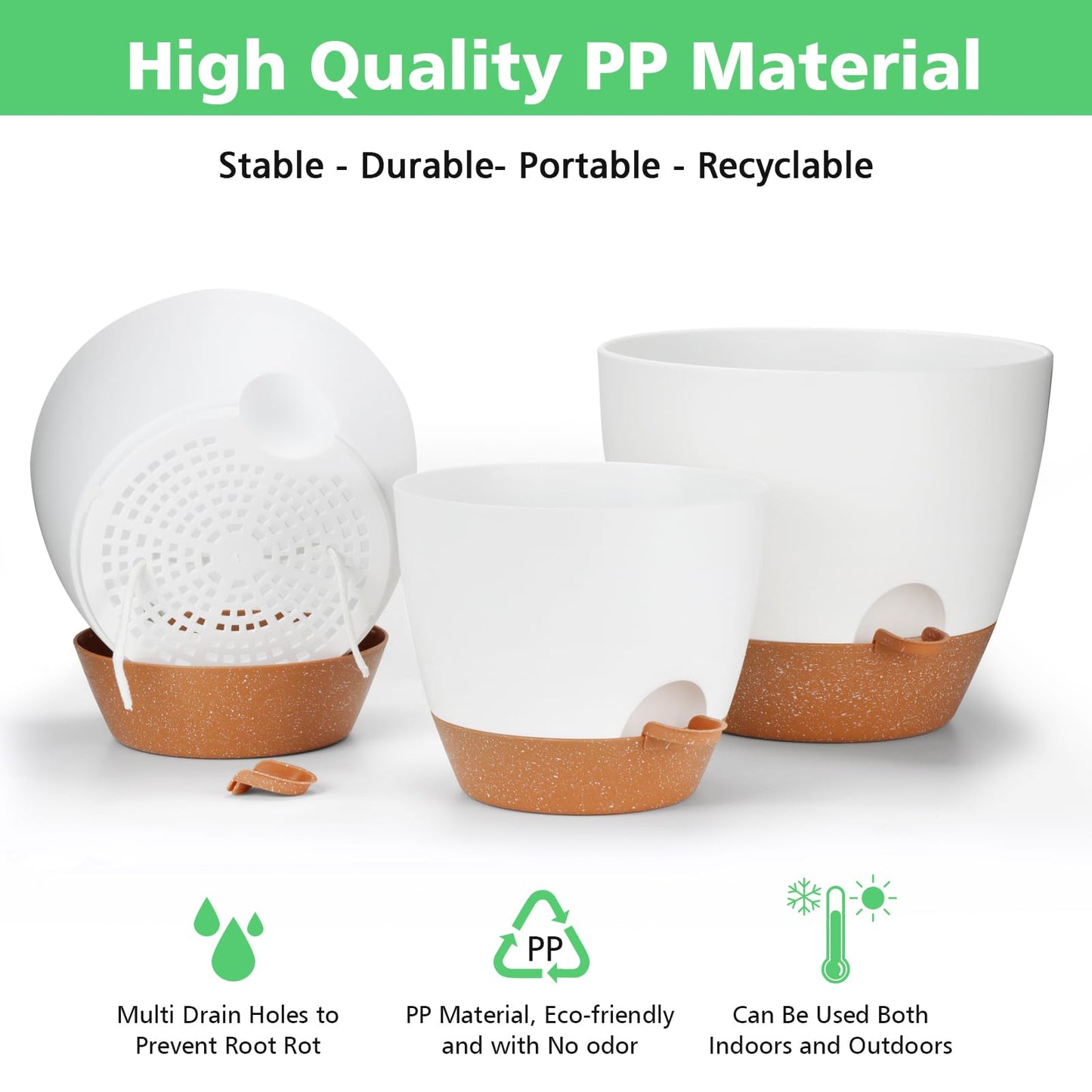 12+10+9Inch Self Watering Plant Pots Set, Large Plastic Planters with Drainage Holes and Saucers, Big Flower Pots Set for Indoor Outdoor Plants - White, 3 Pack