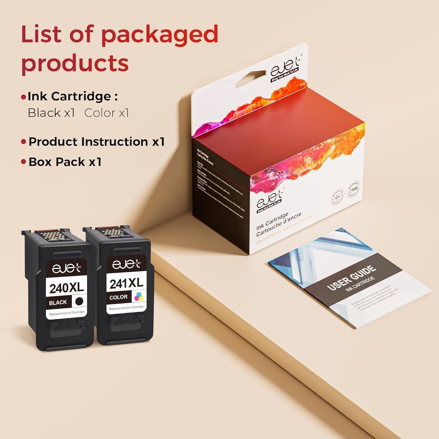 ejet PG-240 XL/CL-241 XL Ink Cartridges Replacement for Canon 240XL 241XL Combo Pack, Fit for Canon PIXMA MG3620 MG3600 TS5120 MG3520 MG2120 MX452 MX512 MX532 MX472 Printer (1 Black,1 Color)