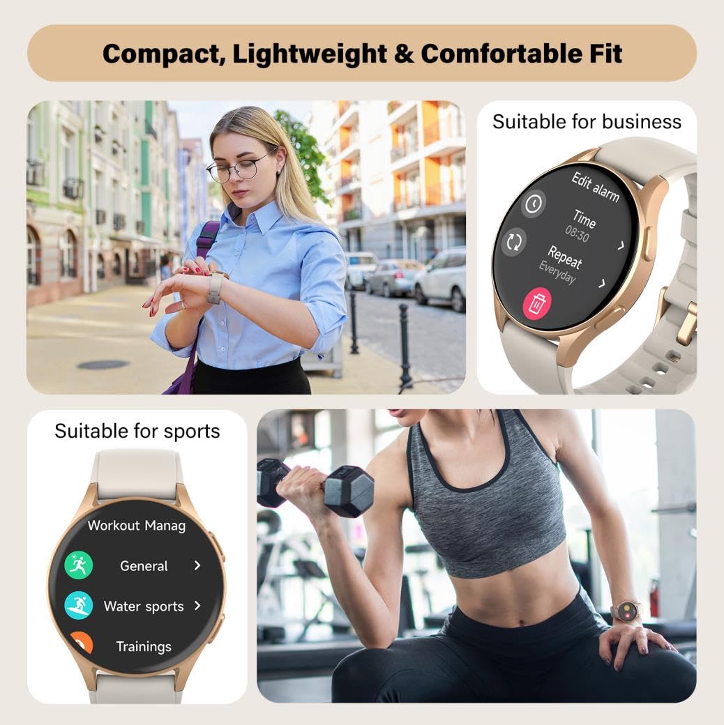 QIPOPC Smart Watch for Women Men, Built-in Alexa, GPS, HRV, VO2 Max, Blood Oxygen, Sleep & Stress Monitor, Compass, Altimeter, 1.32" AMOLED, Fitness & Women’s Health, iOS Compatible (Gold, 43mm case)