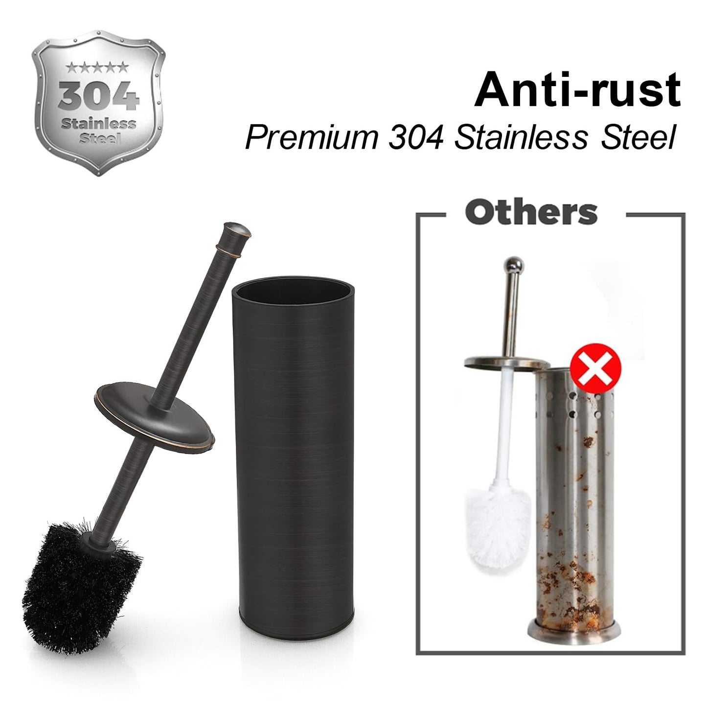 BESy Toilet Brush and Holder, Toilet Cleaner Bowl Set with Two Brush with Extra Long Handle, Durable Bristles Toilet Scrubber and Covered Holder, Drip-Proof Stainless Steel Oil Rubbed Bronze