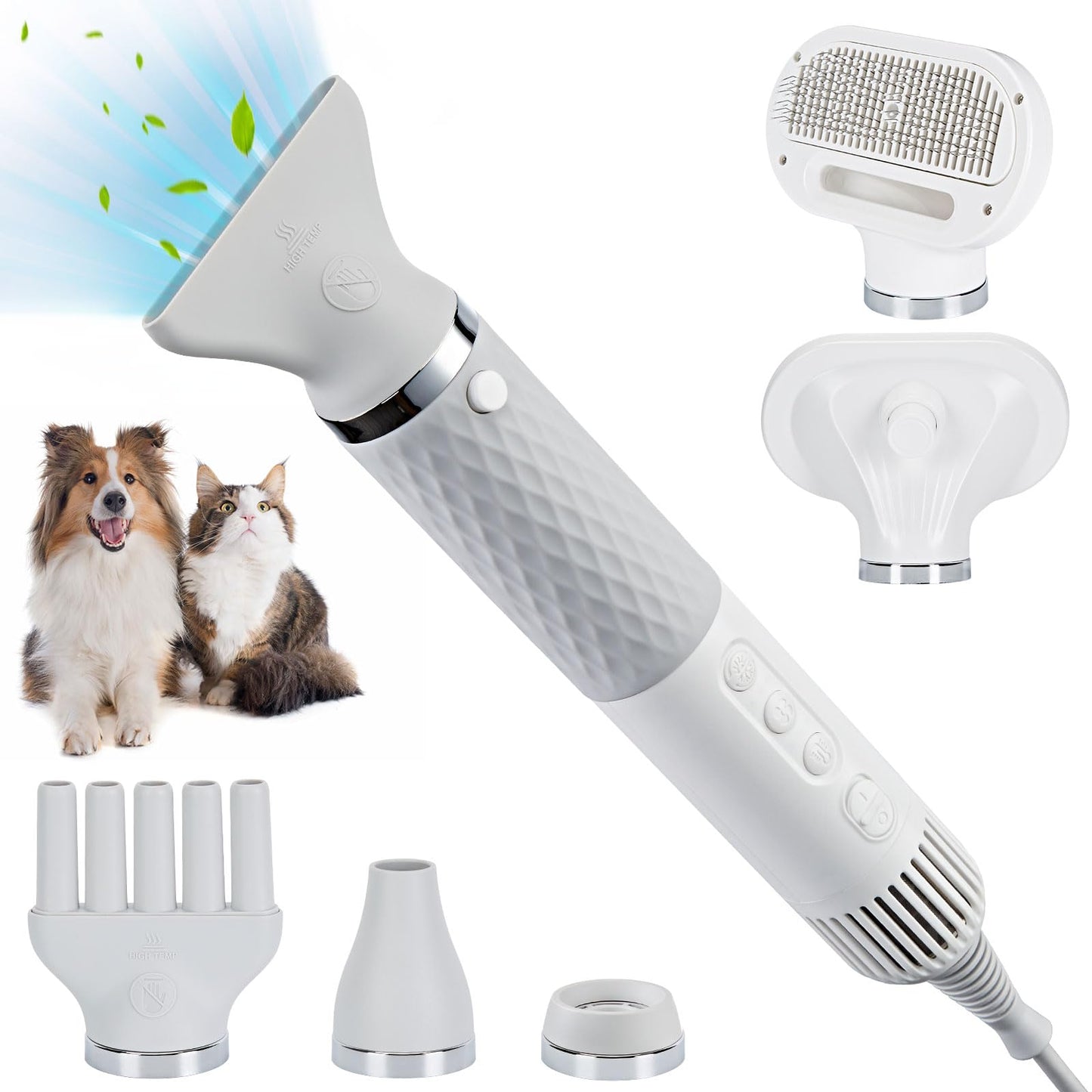 Ownpets 5 in 1 Portable Smart Pet Grooming Hair Dryer, low noise, with dehairing comb, 5 nozzles, 3-speed temperature adjustment, 3-speed wind speed, suitable for dog grooming hair dryer, suitable for home travel use