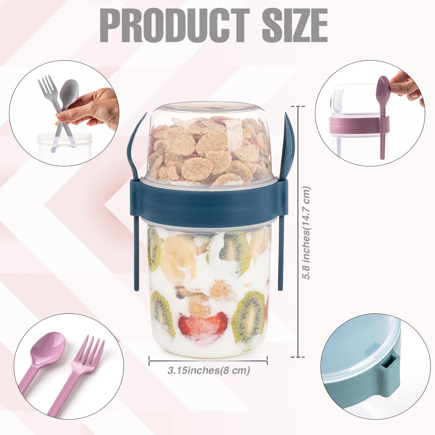 Eynel 650ml Take-go Fruit Muesli Container with Spoon Picnic Work Yogurt Milk Cup Breakfast Glasses with Lid and Spoon, Cereal Topper Oatmeal Granola (Set of 4)