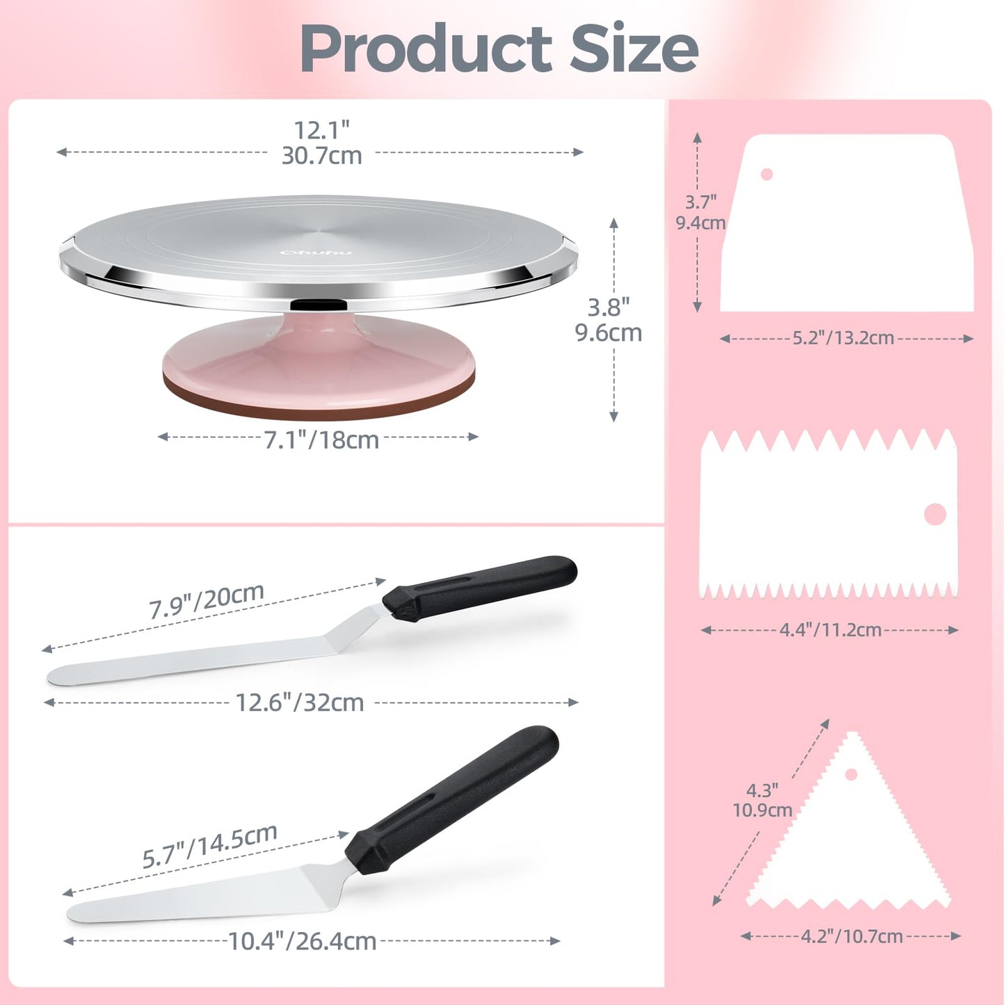 Ohuhu 12 Inch Cake Turntable - 360° Rotating Aluminum Cake Stand Decorating Kit with 2 Icing Spatulas & 3 Smoother Tools, Professional Baking Supplies for Home, Parties, Picnics, Gift for Mother