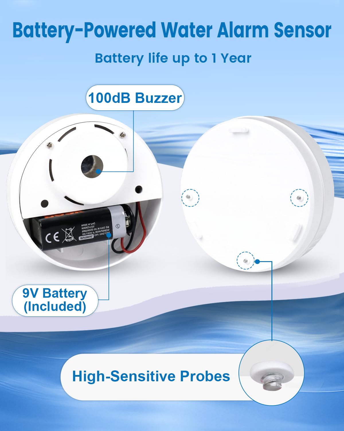 ComfyTune 5 Pack Water Leak Detectors for Home, 100dB Waterproof Water Leak Alarm Sensors for Basements, Bathrooms, Laundries, Sinks, and Windows(Battery Included)