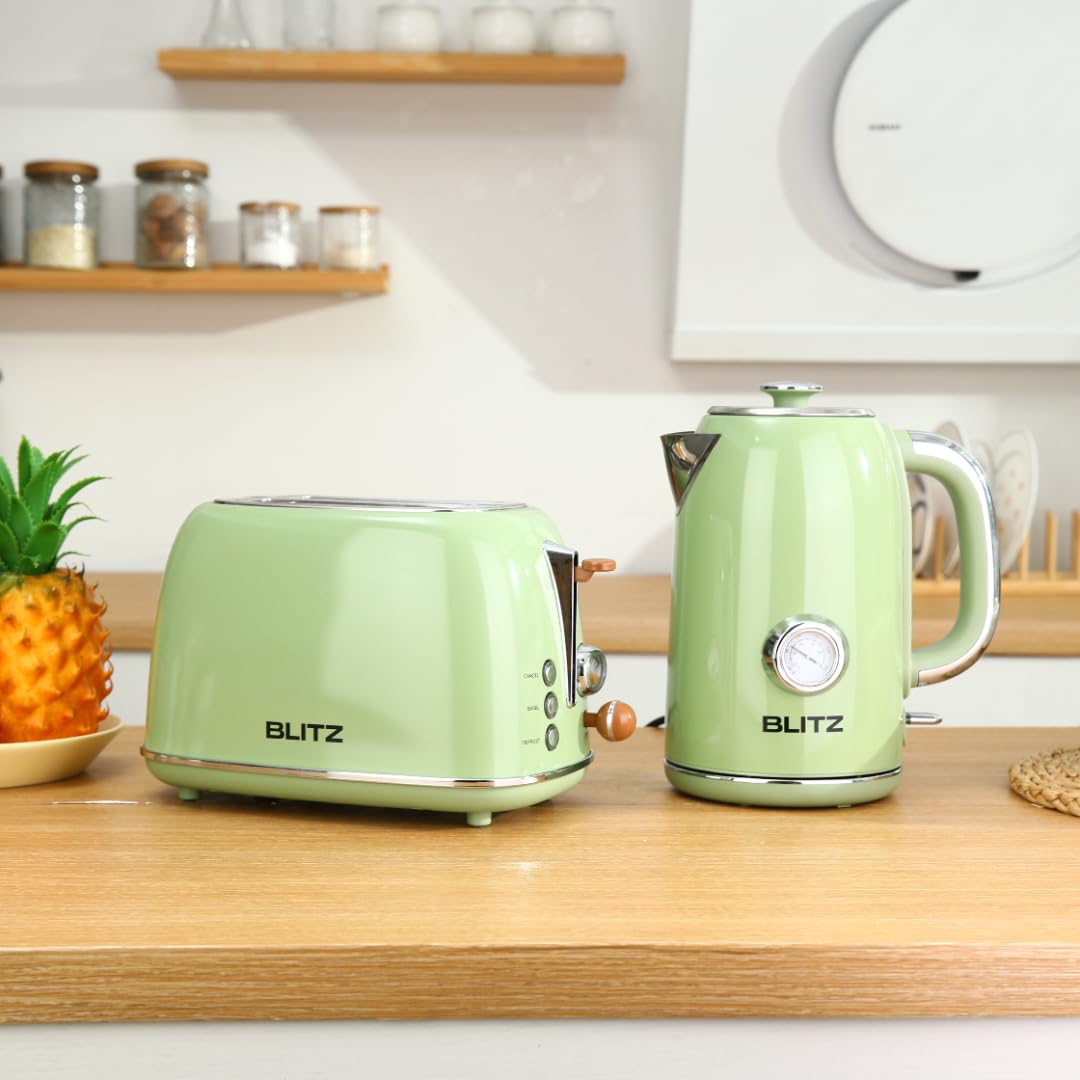 BLITZ Electric Kettle – 1.7L Stainless Steel Hot Water Boiler with Built-In Thermometer, 1500W Rapid Heating, Cordless Design, LED Indicator, Auto Shut-Off & Boil-Dry Safety (retro-green)