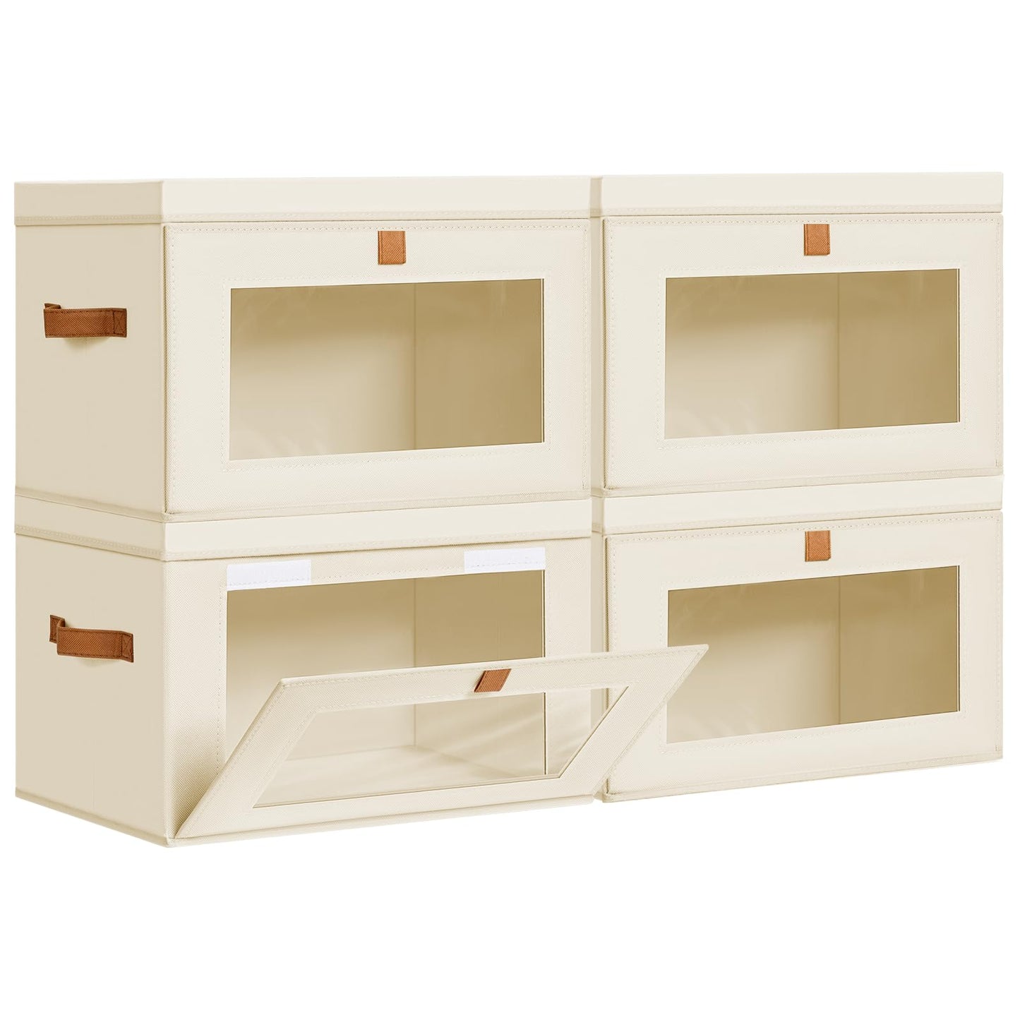 DIMJ Fabric Storage Box with Lid - 4 Pack Stackable Large Closet Storage Bins with Lid & Clear Window for Clothes, Foldable Decorative Basket Organizer Living Room,Bedroom,Office, Beige