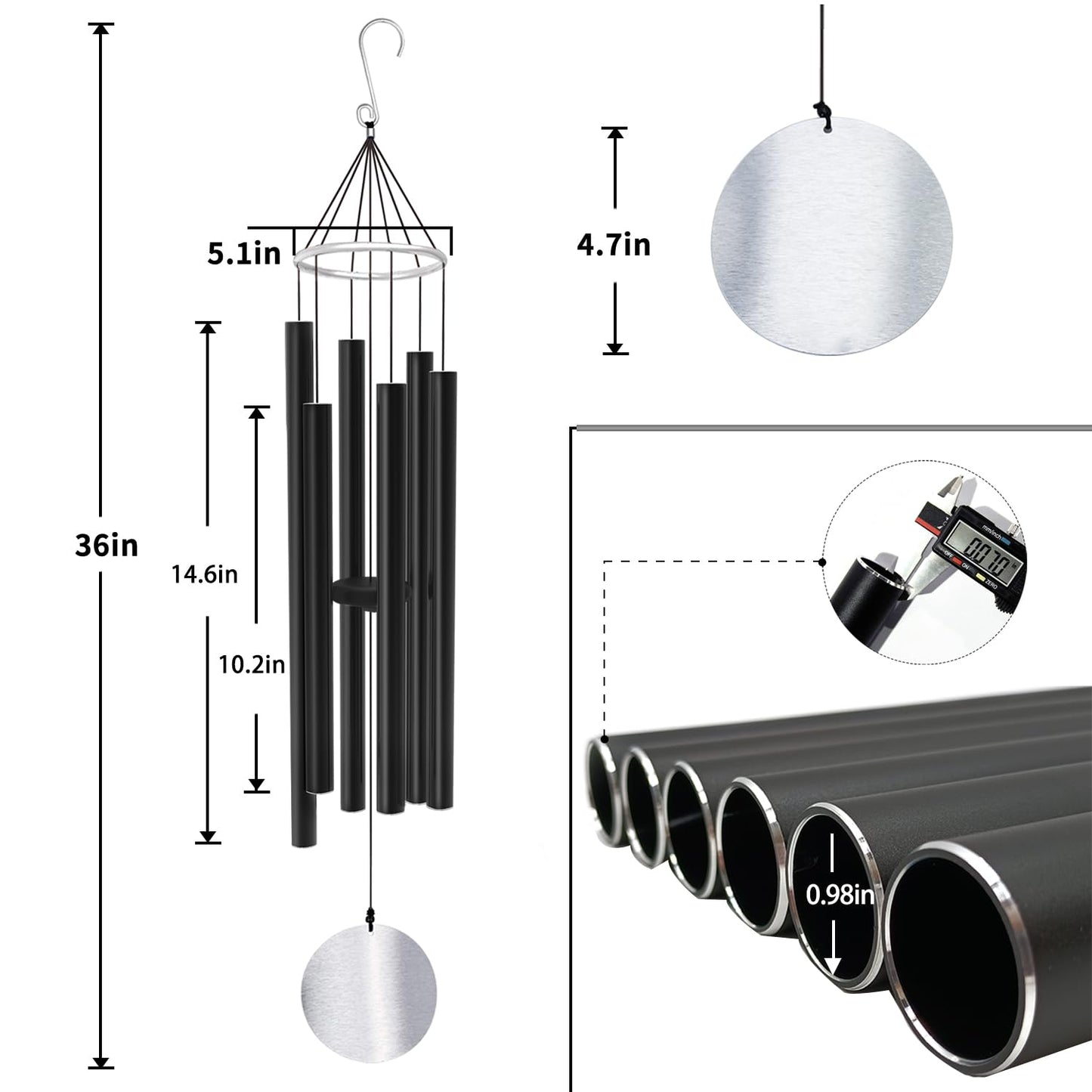 ASTARIN Wind Chimes Outdoor Large Deep Tone,36Inch Large Wind Chimes Tuned Relaxing Soothing Low Bass,Memorial Wind Chimes Sympathy for Mom Dad,Black(A Free Card)