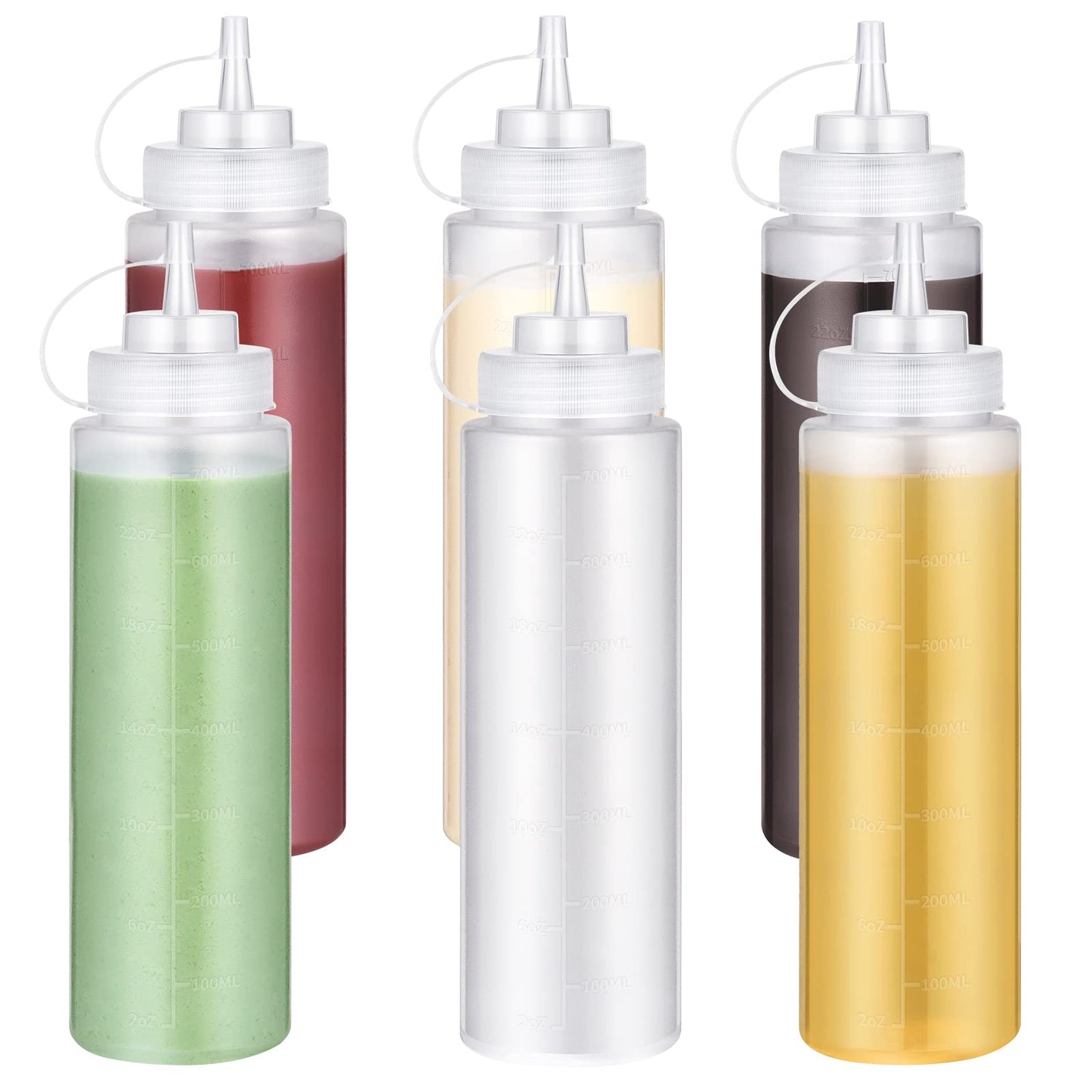 24 OZ Condiment Squeeze Bottles: U-Taste Sauce Bottles with Twist on Caps and Measurement, Leakproof Squirt Reusable Plastic Oil Container Dispenser for Ketchup, BBQ, Salad, Dressing (Pack of 6)
