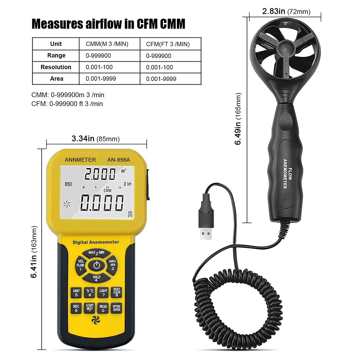 AIOMEST HVAC Air Flow CFM Meter, Anemometer Measure Airflow Wind Speed Velocity Temperature, Professional Air Vent Ductwork Velometer Gauge with Data Logging, AI-856A