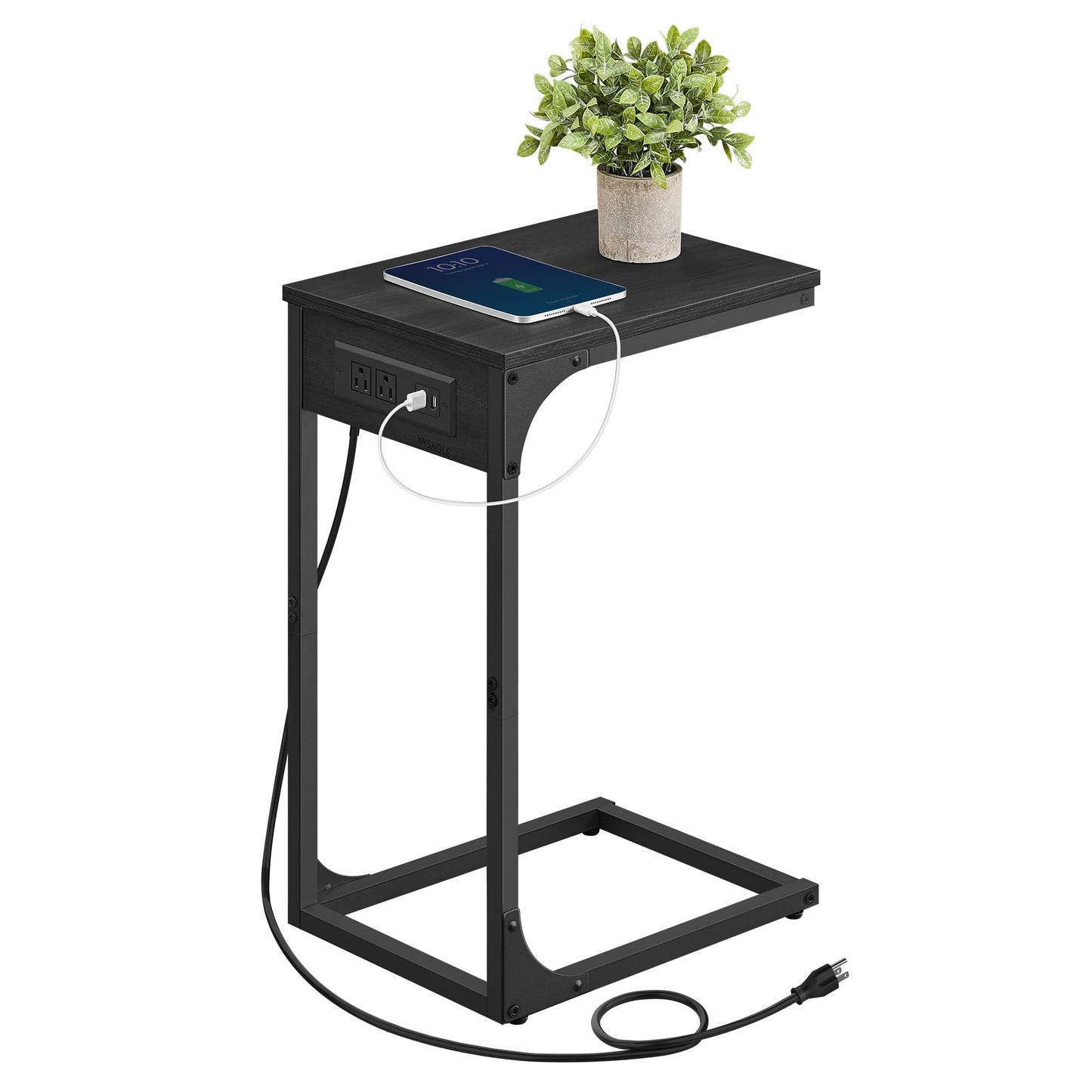 VASAGLE C-Shaped End Table for Couch, Sofa Side Table with Charging Station, Metal Frame, for Living Room, Bedroom, Gray Oak and Ink Black ULET362G01