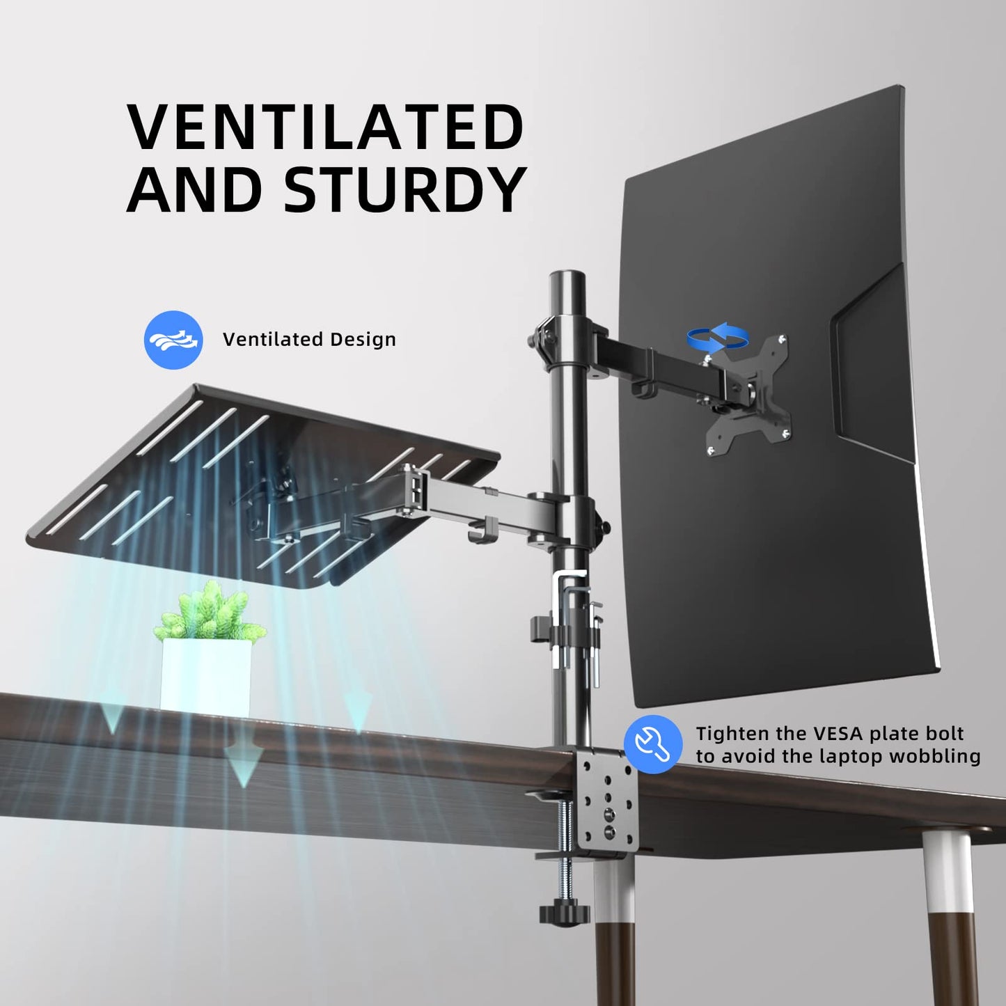 Suptek Full Motion Computer Monitor and Laptop Riser Desk Mount Stand, Height Adjustable (400mm), Fits 13-27" Screen and up to 17" Notebooks, VESA 75/100, up to 22lbs for Each (MD6432TP004)