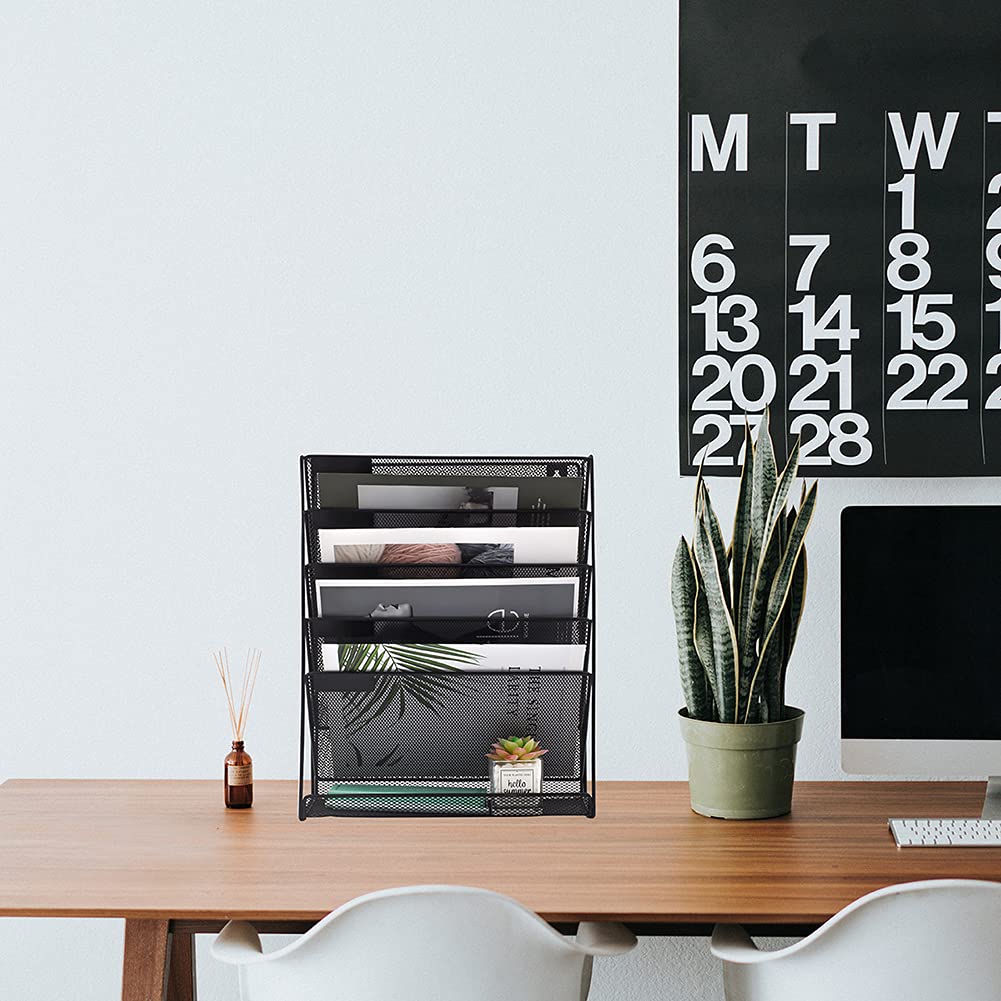 EASEPRES Mesh Hanging Wall File Holder Organizer Storage 6-Tier Black Paper Clipboard Rack Vertical Metal Wall Mounted Files Holder Organization for Office Home School, Black