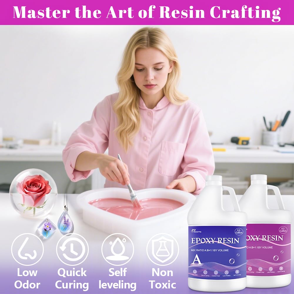 Honcaring 1 Gallon Epoxy Resin Kit, Crystal Clear and Fast Curing, Bubble Free 2 Part Resin for Casting, Coating, Jewelry, Wood, and DIY Art, Beginner Friendly (0.5 Gallon×2)