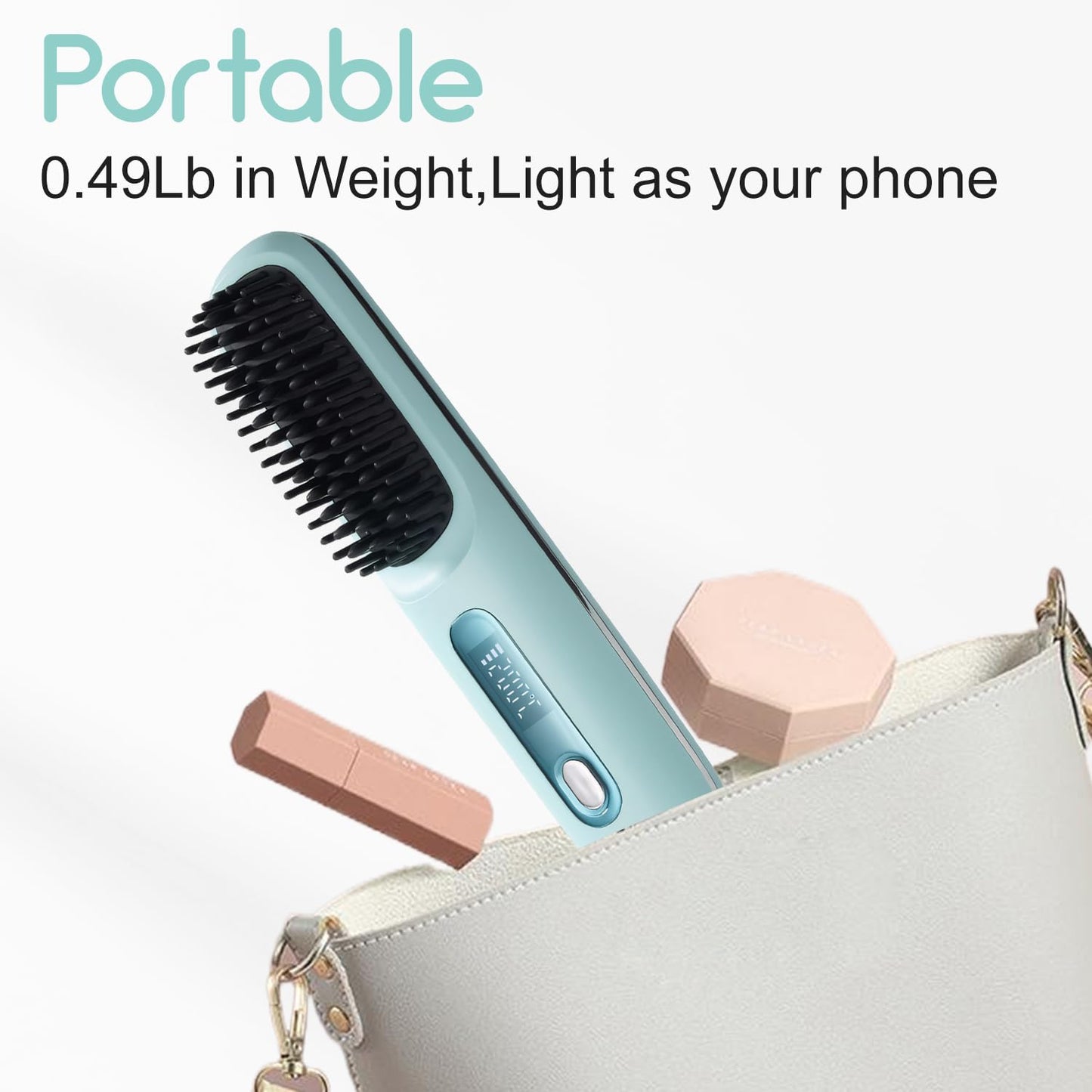 Cordless Hair Straightener Brush 2 in 1-5000W Ionic Ceramic Travel Flat Iron for Quick Styling, Mini Hair Straightener & Curler with LCD Screen, Portable for Women, Salon & Student Use Sea Blue