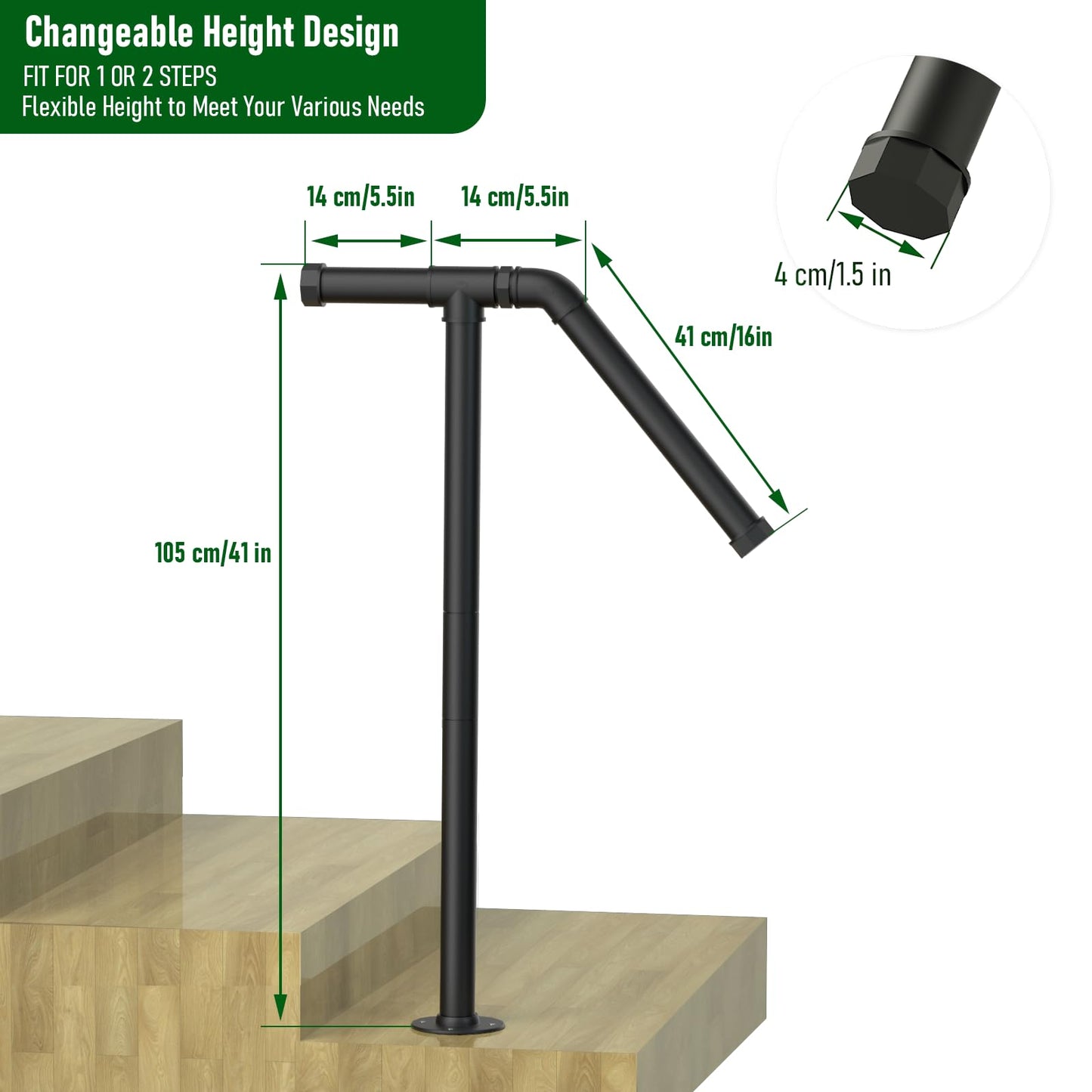smusei Single Post Outdoor Step Handrail, Black Wrought Iron, Powder Coated, Modern Style, 105cm/47in or 85cm/33in Height, Fits 1-2 Steps, Easy to Install & Clean