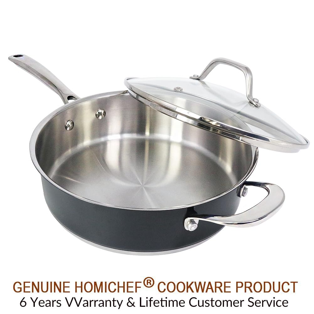 HOMICHEF 9.5 Inch Navy-Gray Nickel Free Stainless Steel Saute Pan with Lid - Premium Matte Polished Stainless Steel Pan with Glass Lid - 2.5 Quart Non Toxic Saute Pans