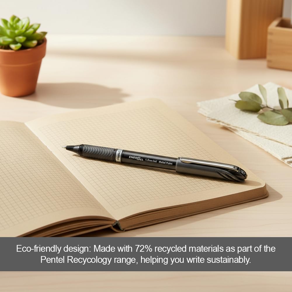 Pentel EnerGel NV Liquid Gel Pen, (1.0mm) Medium Line Capped, Metal Tip, Black Ink, Box of 12 (BL30-A)