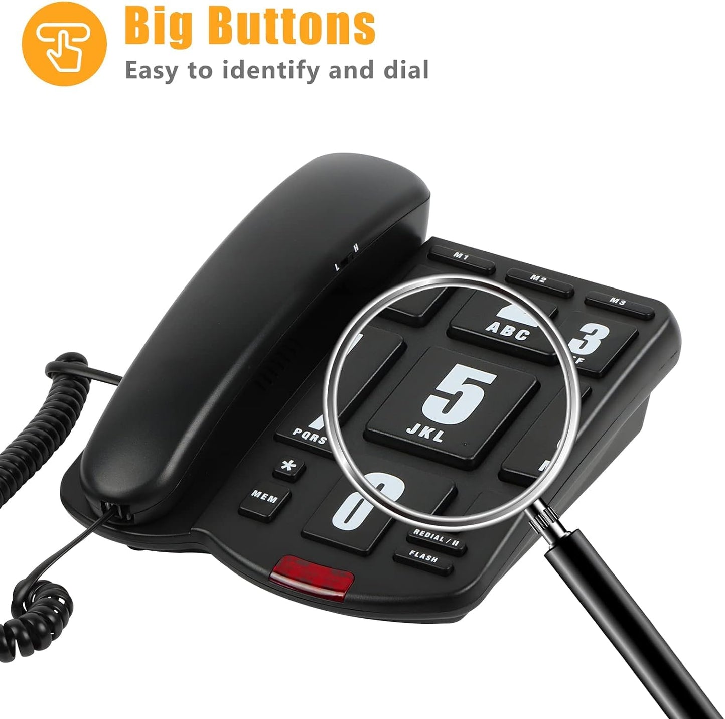 Big Button Telephone with Loud Volume, Uvital Landline Phone Support Adjustable Volume and One-Touch Speed Dials, Multifunctional Corded Telephone for Seniors, Home and Front Desk (Black)
