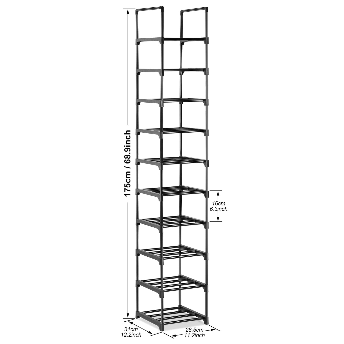 Pitmoly 10-Tier Shoe Rack, Shoe Storage Organizer, Small Narrow Shoe Shelf for Closet, Entryway, Metal Tall Shoe Stand for 10 Pairs of Shoes (Black)
