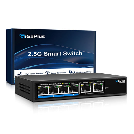 6 Ports 10Gb Unmanaged Ethernet Switch with 4*2.5G Base-T Ports, 2*10G RJ45 Ports. 60Gbps Switching Capacity, GiGaPlus 10Gbps Network Switch for 2.5G/10Gbps NAS/PC, WiFi6 Router, Wireless AP