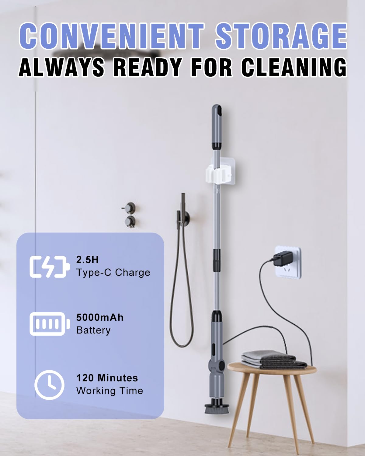 Electric Spin Scrubber, [Adjustable Angle] [Battery Display] Homtronics Cordless Electric Cleaning Brush with 8 Replaceable Brush Heads, 450r/min Speed, 50in Adjustable Long Handle for Bathroom (Grey)