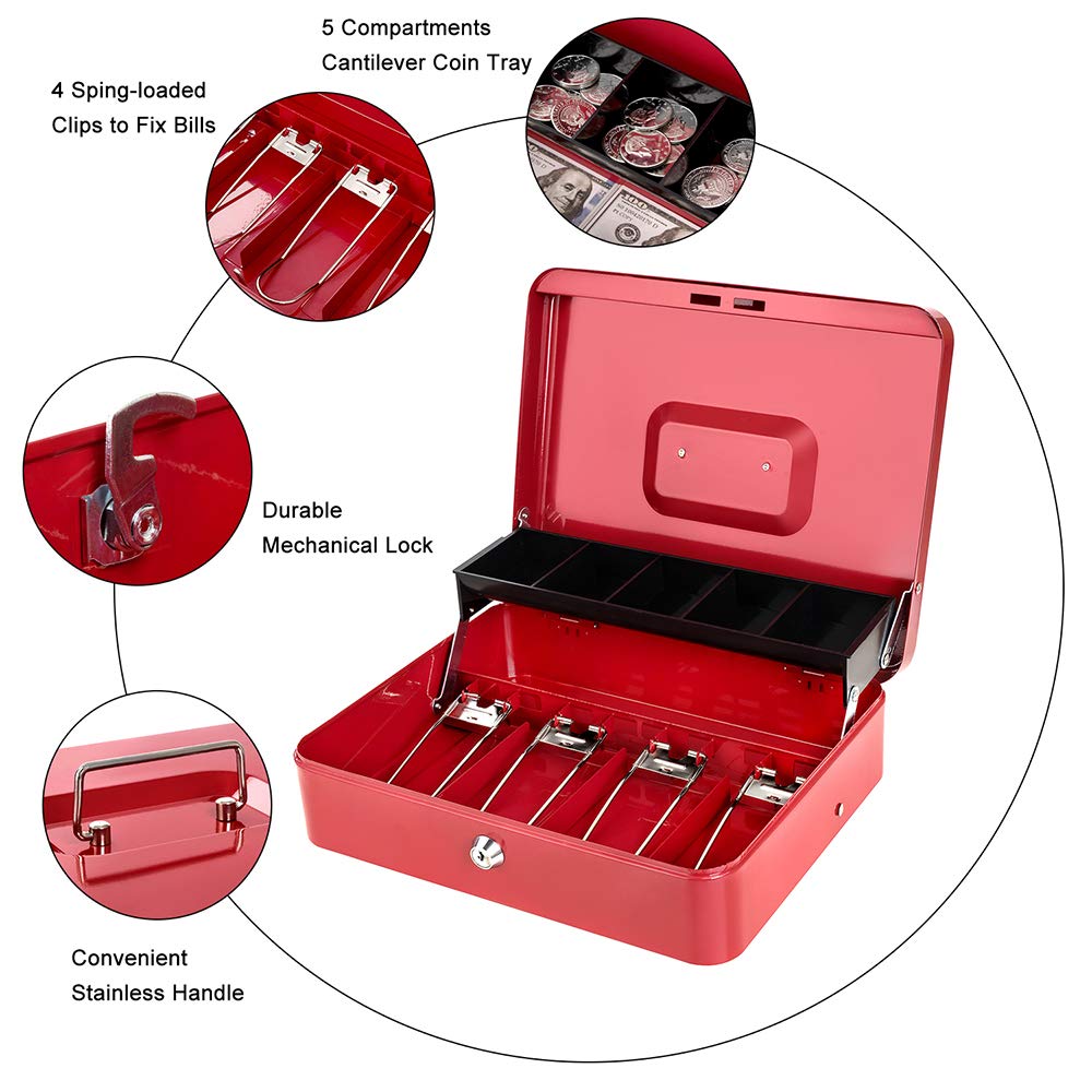 Cash Box with Lock and Money Tray Metal Money Box for Cash Large Lock Box for Money Tiered 11.8 x 9.4 x 3.54 Inches Red