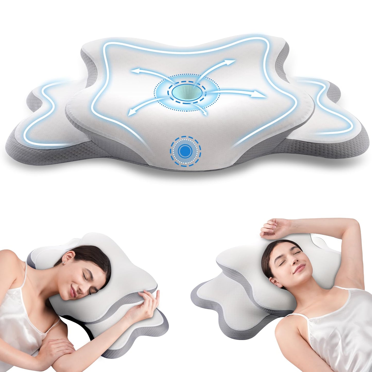 Delyoly Cervical Neck Pillow for Sleeping - Memory Foam Contour Pillow for Neck Pain Relief, Ergonomic Support for Side and Back Sleepers, Orthopedic Pillow with Breathable Ice Silk Cover（White）