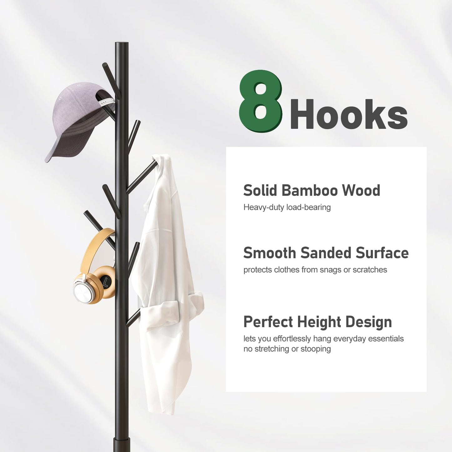 Black Coat Rack Stand, Bamboo Wood Coat Tree with 8 Hooks, Hallway Entryway Hat Hanger Organizer Standing for Bedroom, Office, Clothes, Jackets, Bags, Umbrellas