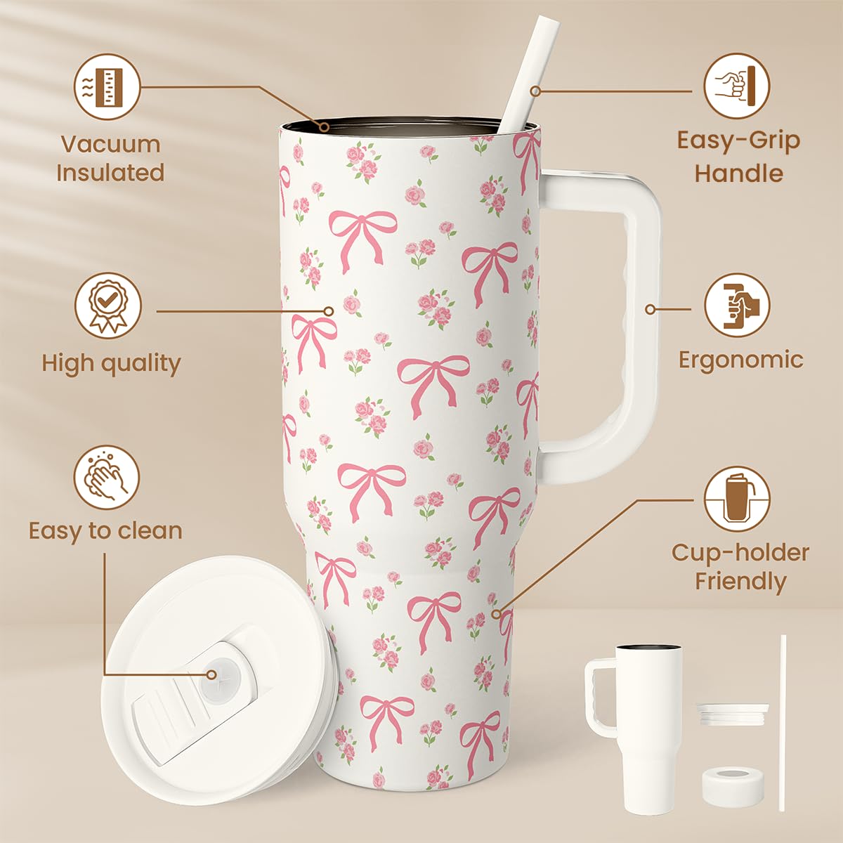 Bow Tumbler with Handle 40oz, Stainless Steel Insulated Tumblers Coffee Travel Cup with Slider Straw Lid, Gifts for Women Teen Girls Birthday