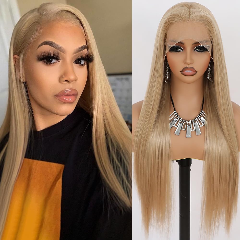 Maycaur Lace Front Wigs Blonde Wig Long Straight Heat Resistant Fiber Hair Synthetic Lace Front Wigs for Fashion Women 22 Inch