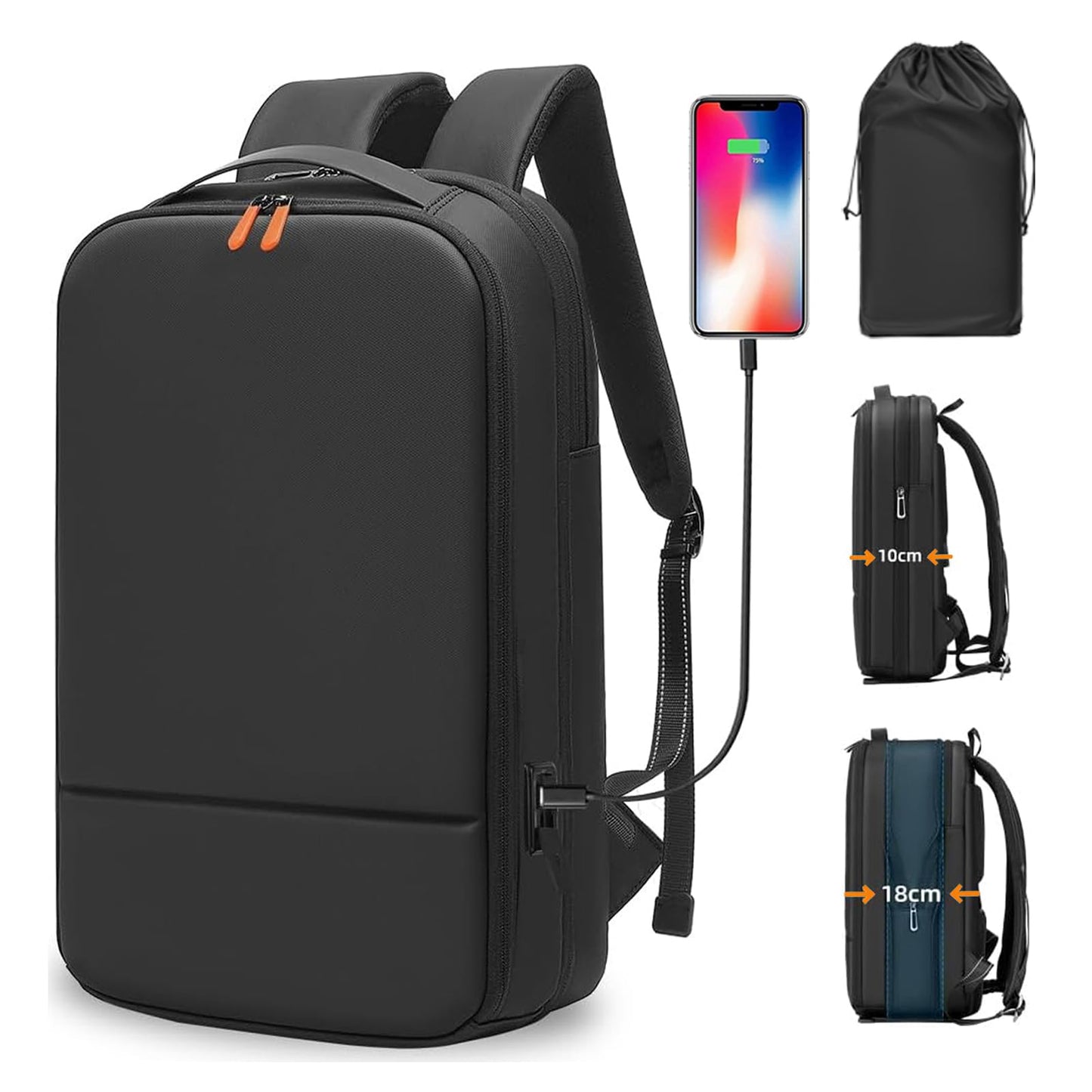15.6-Inch Laptop Backpack, Expandable Slim Design, Waterproof, USB and Type-C Charging Ports, Professional Computer Bag (black)